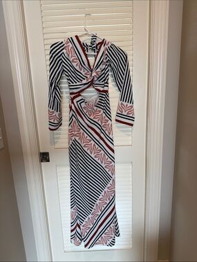 Striped Cutout Maxi Dress in Black, White & Dusty Rose